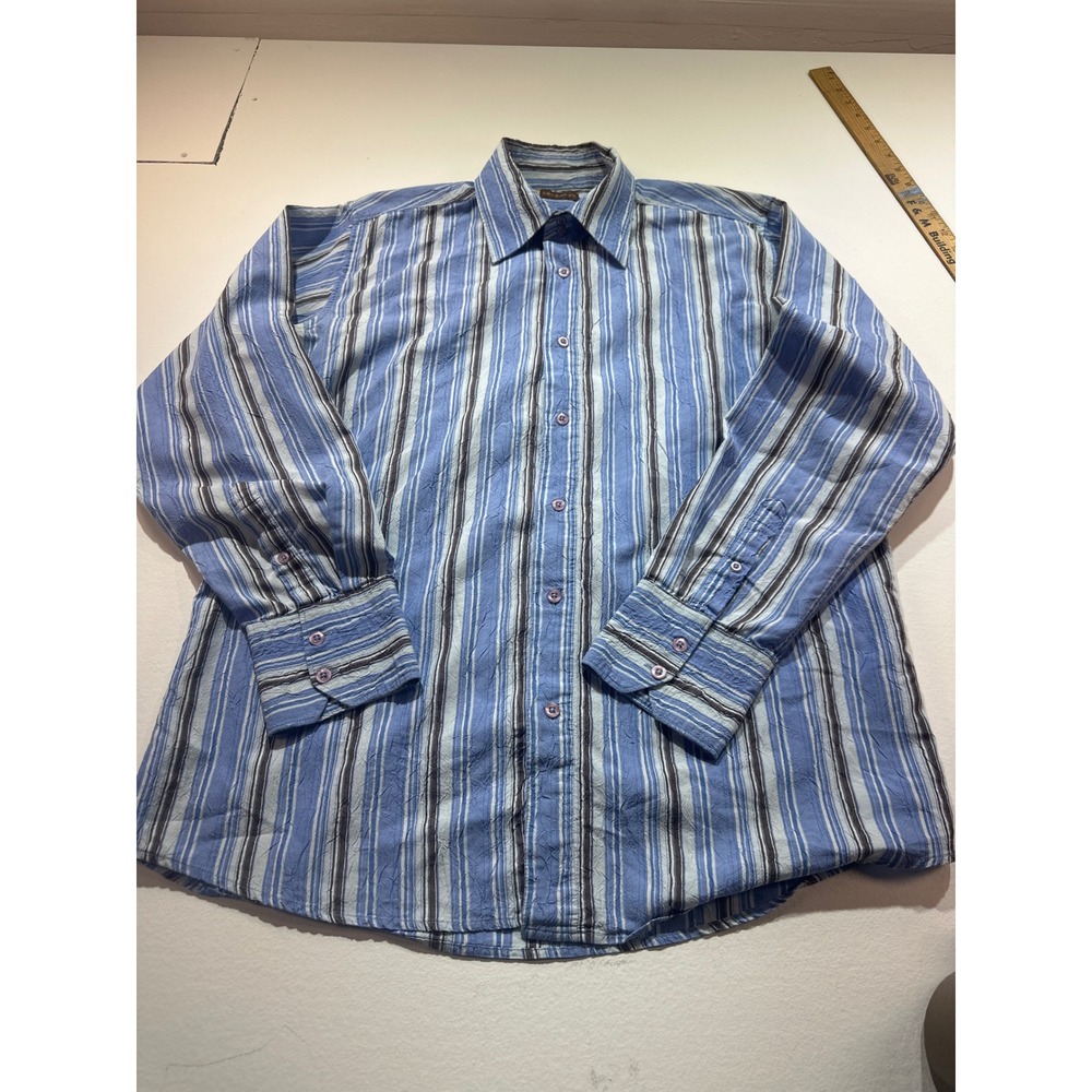 Y2K Level Ten Mens Blue Striped Textured Crinkle Long Sleeve Button Down Shirt L
